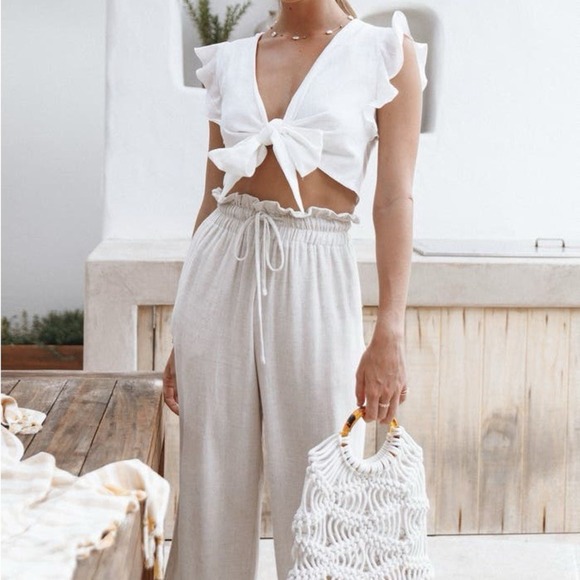 Petal + Pup Linen Blend Wide Leg Pants Women's Size 6 Cream Elastic Waist EUC - Picture 8 of 10